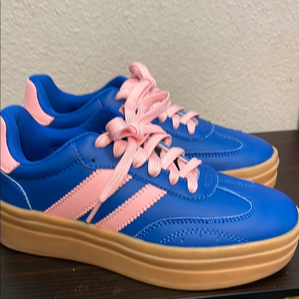 Blue and Pink Sneakers with Tan Soles